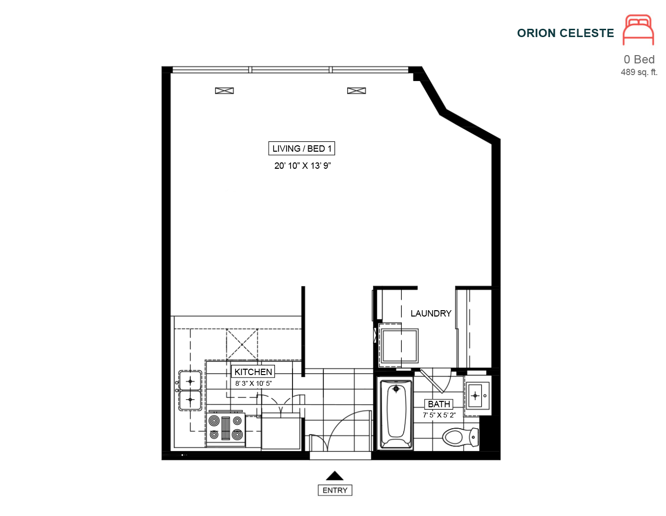 Floor plan for studio, 1 bath, 489 sqft